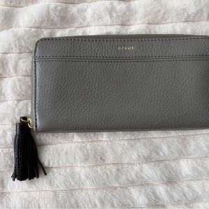 Fossil Charcoal Leather Wallet with Black Tassel
